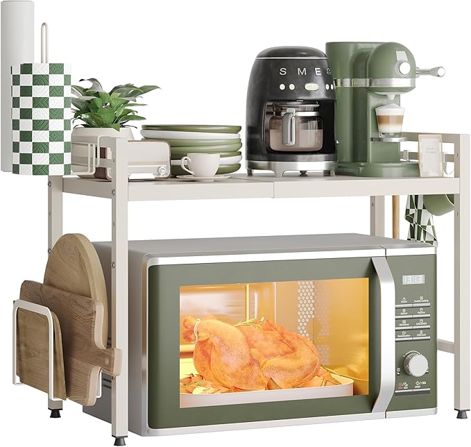 2 Tier Expandable Microwave Stand countertop,Microwave Oven Rack | microwave shelf with Paper Towel and Chopping Board Holder, storage shelf for pans &appliances,8 Hooks,55lbs max load,White by NETELOfficial