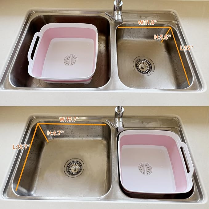 Collapsible Wash Basin with Drain Plug - 2.4 Gallon Foldable Kitchen Sink for Baby Bottles, RV Camping, Space-Saving Dish Tub (Gray-Pink) - Image 7