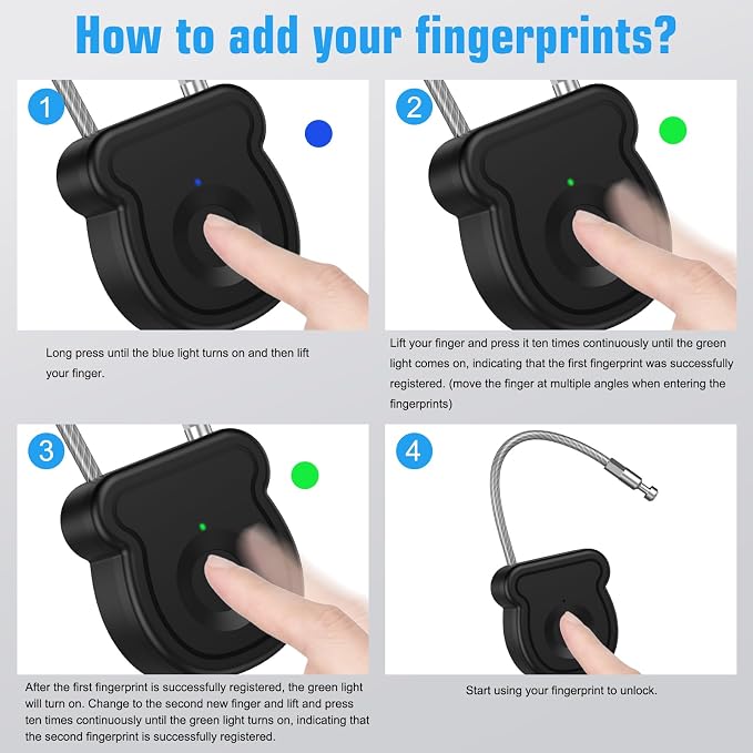 Smart Fingerprint Padlock for Luggage - 20 User Capacity, USB Key & Emergency Code, Keyless Biometric Lock for Gym Locker, Suitcase, Backpack, Toolbox & Handbag (Black) - Image 7
