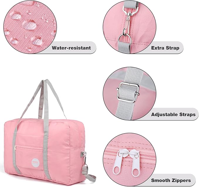 WANDF Foldable Travel Duffel Bag Luggage Sports Gym Water Resistant Nylon (D-Coral Pink with Strap) | 18x14x8 inches, Airline Underseat Aprroved, Weekend Overnight Trips, Lightweight Packable - Image 6