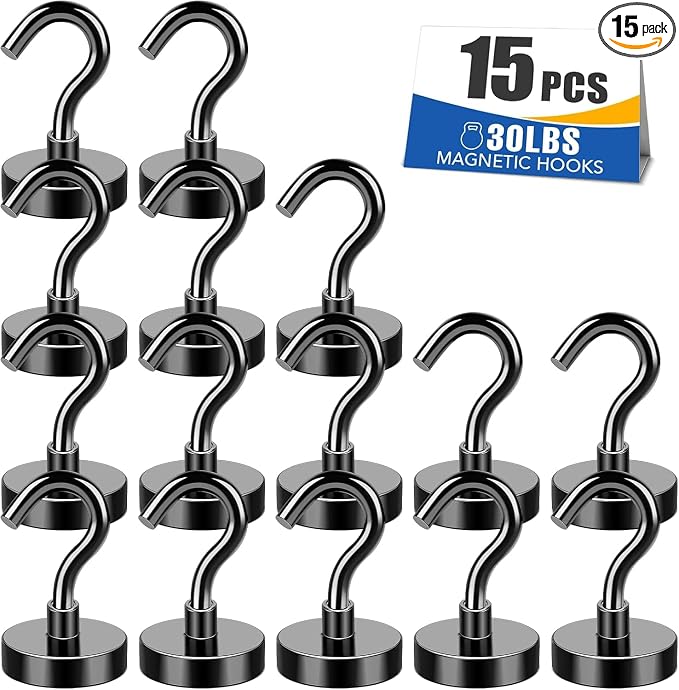 Magnetic Hooks,30Lbs+ Neodymium Black Magnet Hook | Heavy Duty Magnetic Hooks Classroom Must Have, Magnet with Hook for Home, Kitchen Workplace School - 15P by MIKEDE