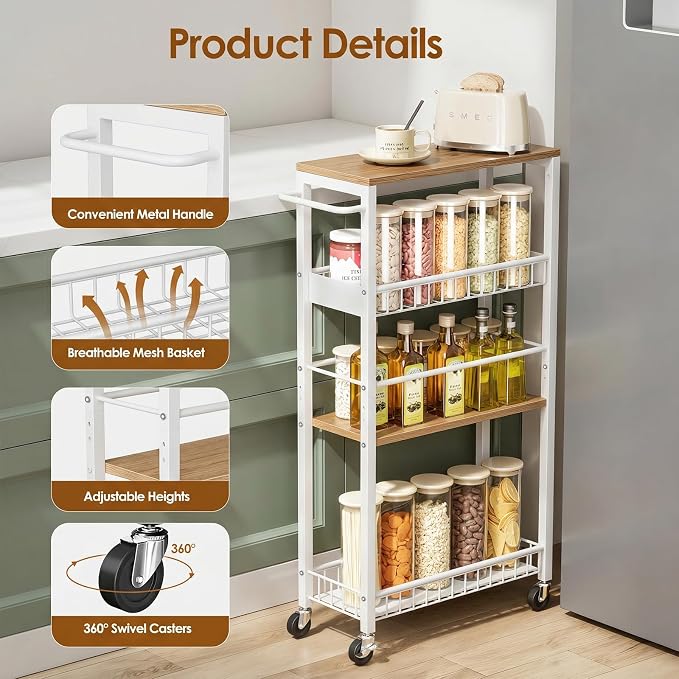 Slim Rolling Storage Cart, 4 Tier Narrow Storage Cart, 7.1in(W) | Metal Kitchen Rolling Cart for Small Spaces, Narrow Shelf for Kitchen, Laundry Room, Bathroom, Living Room - Image 5