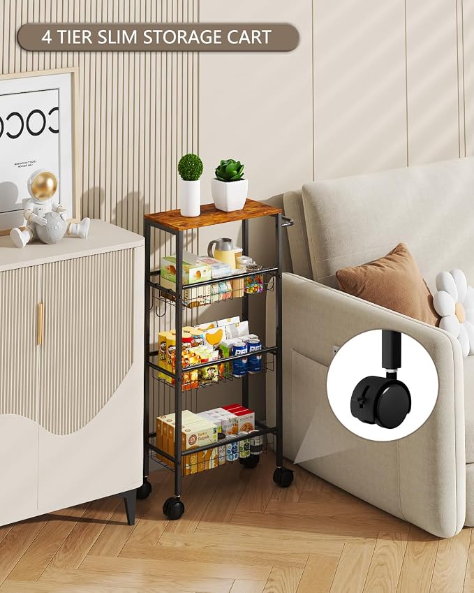 Rolling Utility Cart, 4-Tier Slim Narrow Storage Cart with Wheels for Kitchen, Laundry Room Organization, Metal Bathroom Organizer with Wood Top, Brown, 17.3" x 7.9" x 32.6" - Image 7