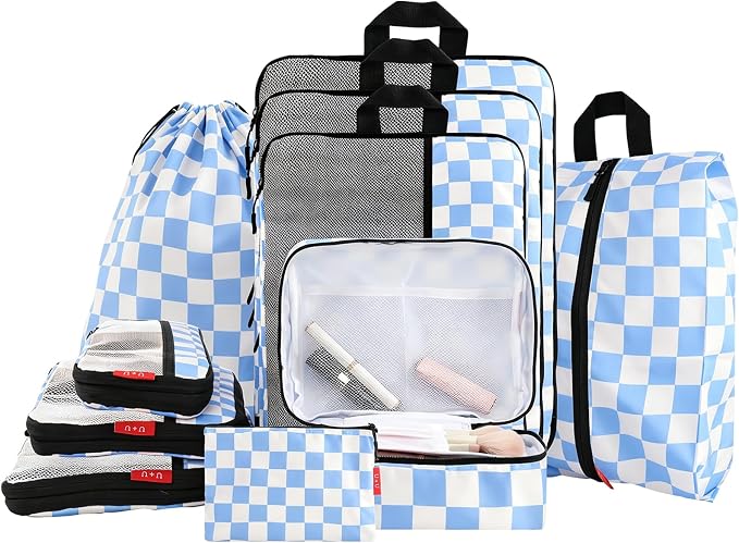 U+U 10 Set Compression Packing Cubes, Travel Organizers (Blue Checkered) | Space-Saving & Complete Travel Set by UU