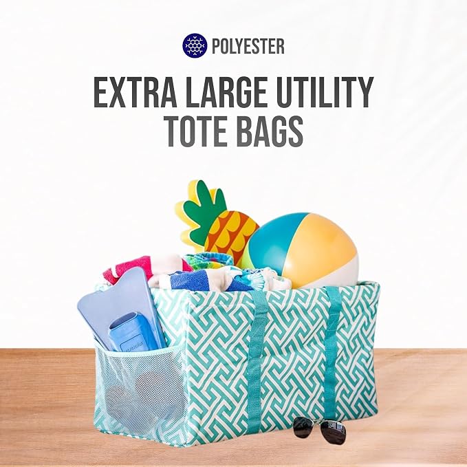 Extra Large Utility Tote Bag - Oversized Collapsible Reusable Wire Frame Rectangular Canvas Basket With Two Exterior Pockets For Beach, Pool, Laundry, Car Trunk, Storage - Geometric Teal - Image 7