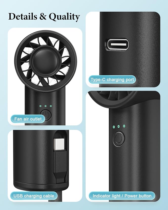 Portable Fan with Power Bank & Flashlight-Black | 6.5H Max Cooling,USB-C Rechargeable,Mini Fan for Outdoor/Travel/Beach/Concerts/Summer.Gifts for Girl,Women. - Image 7
