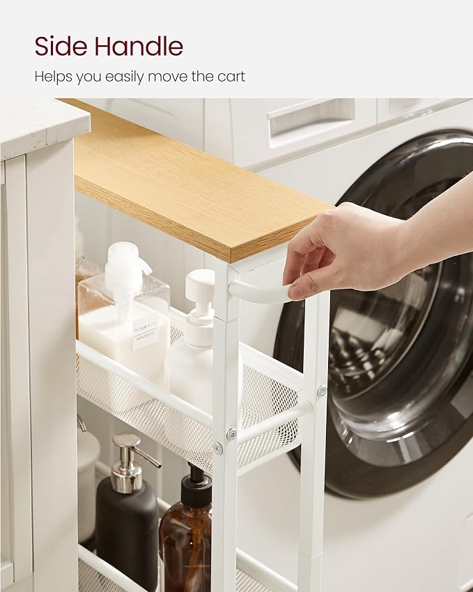 VASAGLE Slim Rolling Cart, 4-Tier, 5.1 Inches Deep, Steel Frame | Storage Cart with Handle, Narrow for Kitchen, Living Room, Golden Oak and Matte White, DACEY Collection ULRC032W09 - Image 9