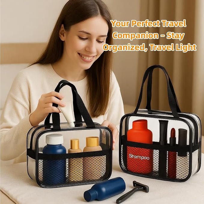 XEWEA 2PCS Small TSA Approved Clear Travel Toiletry Bags for Men Women, | Transparent Makeup Cosmetic Bag with Handle, Waterproof PVC Quart Organizer for Toiletries Airline Essential, Balck - Image 4