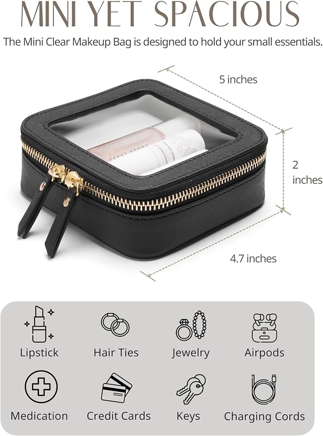 Clear Makeup Bag with Zipper, Set of 2, Mini and Medium, Black | Clear Travel Bags for Toiletries, Structured Cosmetic Case for Women, Waterproof PU Leather, Wide Open Portable Car Organier - Image 8