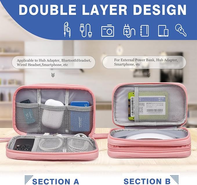 CAAORDKSO Electronic Cable Organizer Bag, Travel Electronic Accessories Carry Case Portable Waterproof Double Layers Storage Bag for Cable, Cord, Charger, Power Bank, Earphone (Light Pink, Medium) - Image 4