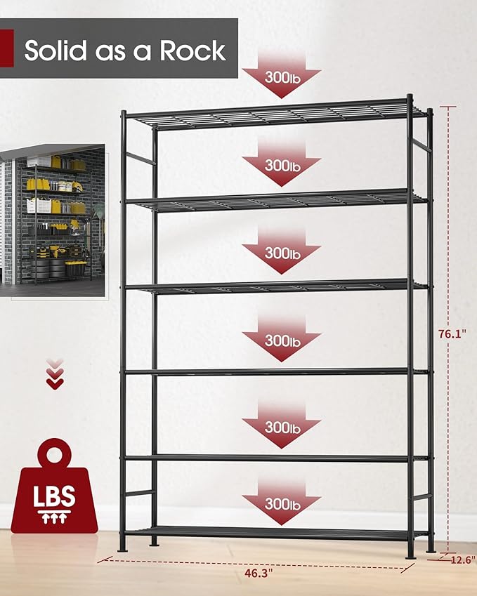 Sakugi Storage Shelves - 6 Tier Shelf Organizer, Heavy Duty Garage Shelving Unit with Leveling Feet, Stable Metal Shelves Organizer for Pantry, Kitchen and Closet, 46.3" W x 12.6" D x 76.1" H, Black - Image 2