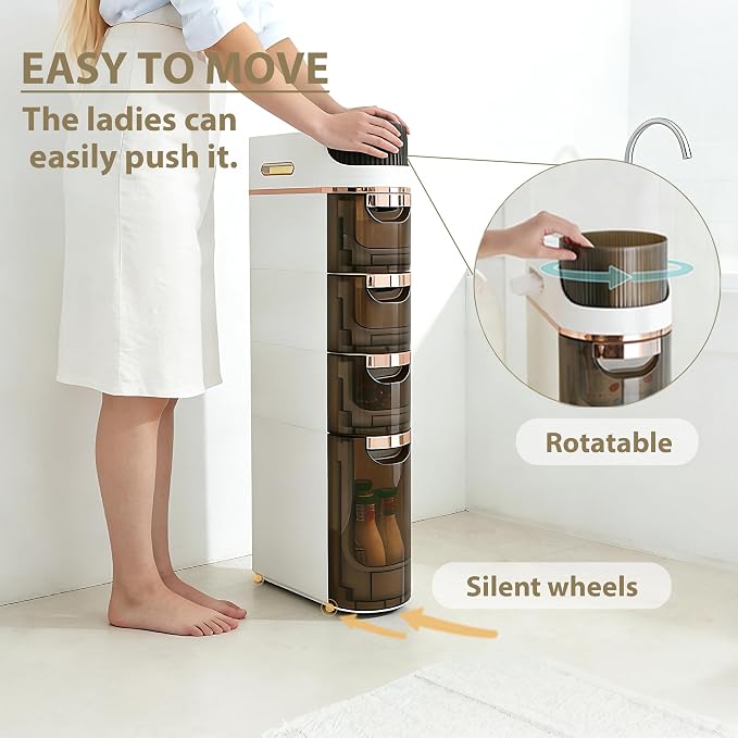BGYMF 4-Tier Narrow Slim Bathroom Storage Cabinet,Movable,White | ABS and PP,with Wheels and Drawers,Large Storage Capacity,Water Resistant,Toilet Paper Holder,for Small Spaces - Image 6