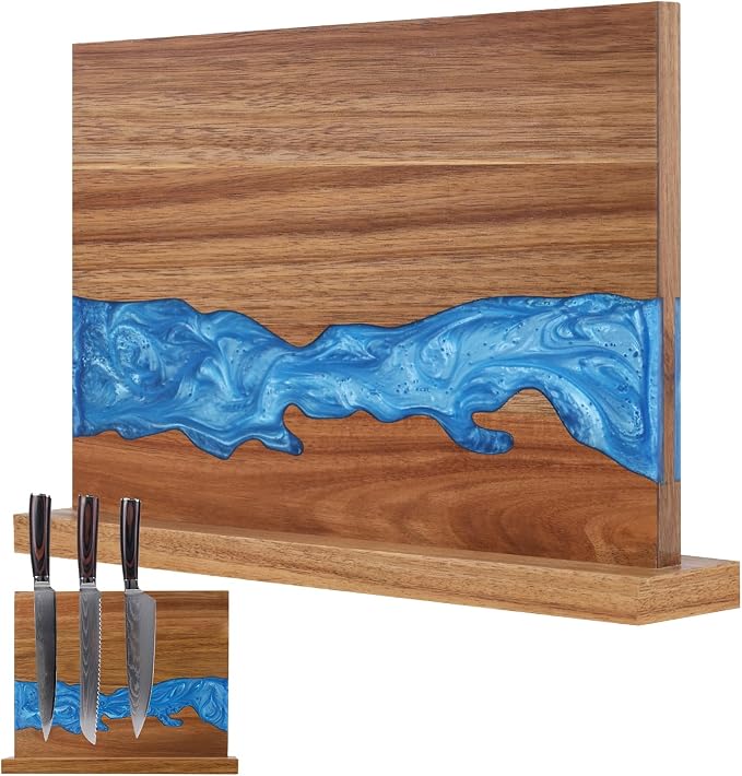 Magnetic Knife Block | Double Sided Magnetic Knife Holder | Acacia Wood Magnetic Knife Rack | Magnetic Knife Storage Stand for Kitchen Counter, Blue Resin River, 12.59×9.84IN (No Knife) by Unknown