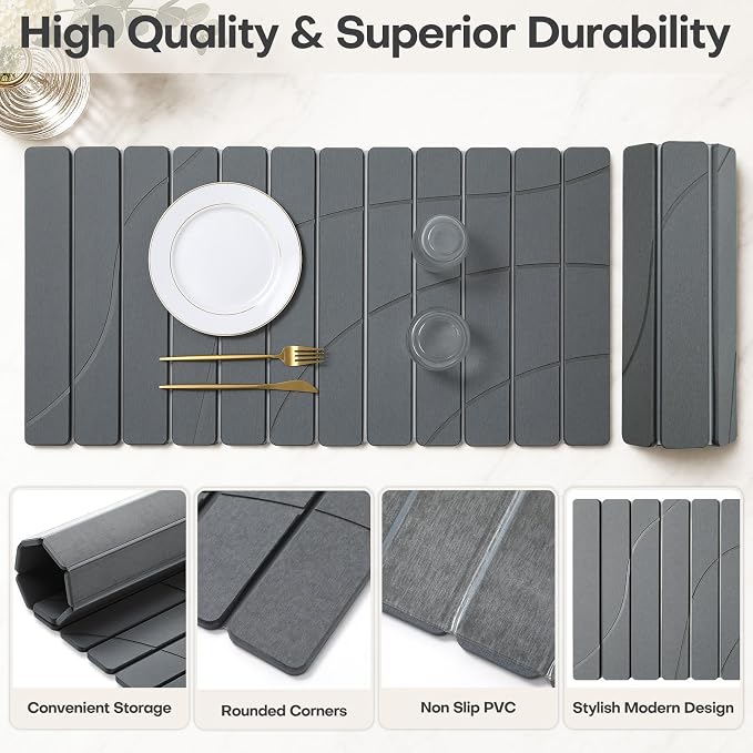 Extra Large Stone Dish Drying Mat for Kitchen Counter, Quick Dry Stone Dish Mats, Foldable Water Absorbing Diatomaceous Drying Pad for Countertop Bottles Utensils Bathroom (Flow Line Gray 32"x16") - Image 4