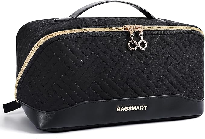 BAGSMART Makeup Bag Cosmetic Bag, Travel Makeup Bag,Water-resistent Makeup Bags for Women Portable Pouch Open Flat Make Up Organizer Bag for Toiletries, Brushes Black by BAGSMART