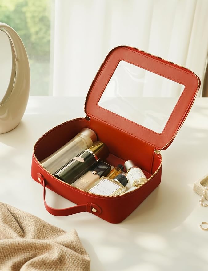 Clear Large Makeup Bag Mahjong Tile Bag with Zipper and Handle Red | Structured Large Travel Makeup Bag for Toiletries for Women, Big Long-trip Cosmetic Case, Waterproof PU Leather, Wide Opening - Image 7