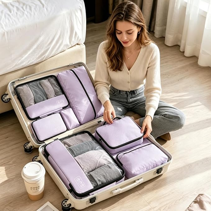 Compression Packing Cubes for Travel, 8-Piece Carry-On Suitcase Organizer | Elegant Ultralight Luggage Organizer Set for Women, Space Saving for Carry-On, Suitcase & Vacation Cruise Travel - Purple - Image 2