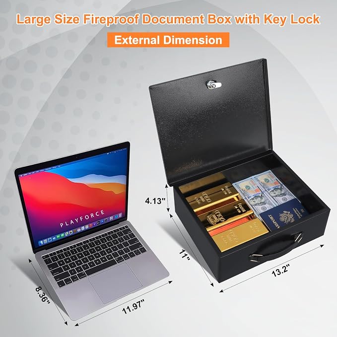 KYODOLED Fireproof Document Box with Key Lock, Large Safe Storage Box for Valuables, Fire Resistance Security Chest, Lock Box for Passport, Cash, Tablet 13.2'' x 11'' x 4.13'' Black - Image 2