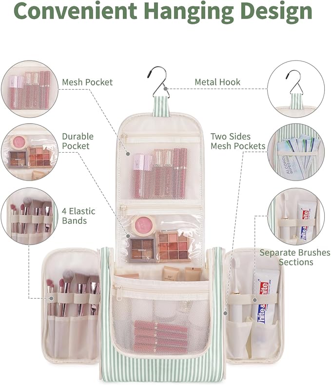 Narwey Striped Hanging Travel Toiletry Bag for Women, Travel Bag for Toiletries, Makeup Bag Organizer Cosmetic Bags Make Up Bags for Women (Mint Green Stripe) - Image 2