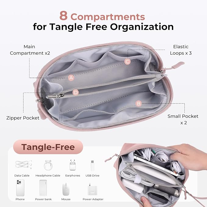 FYY Travel Cable Organizer - 8 Compartments, Lightweight, Water Repellent | With Wrist Strap, Portable Tech Pouch for Cord Charger, Travel and Business Trips Use, Soft Shell Nylon, Pink (Small) - Image 4