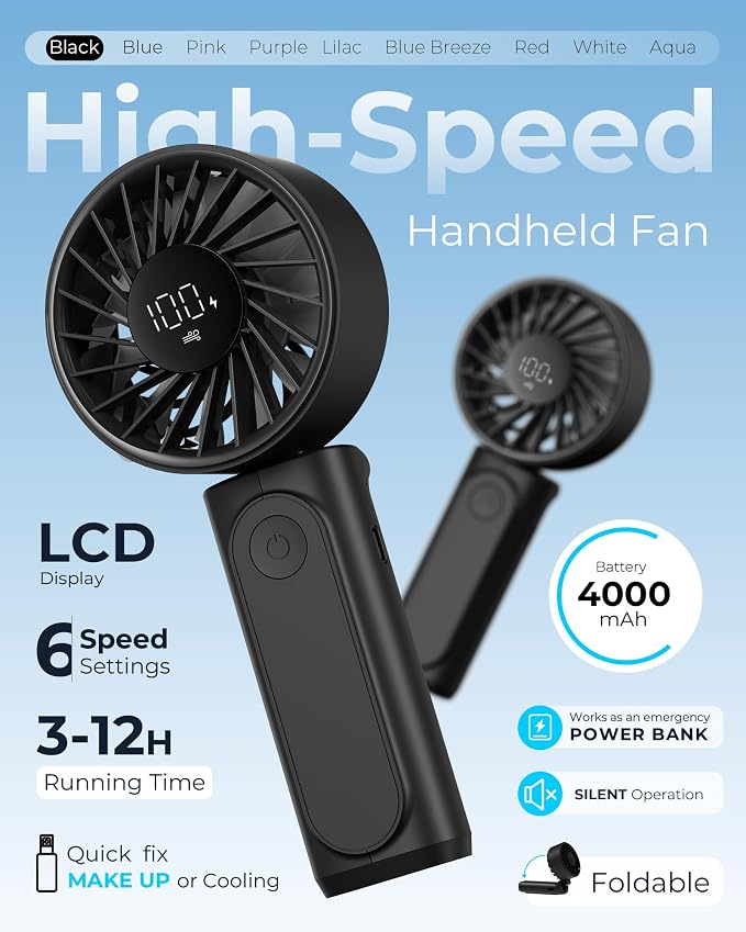 Peiyuu Handheld Fan, Portable Fan, 4000mAh Rechargeable Personal, 180° Foldable Mini Desk Fan with 6 Wind Speed, LCD Digital Display, Lanyard as Neck, Ultra Quiet, Pocket Size for Indoor Outdoor - Image 2