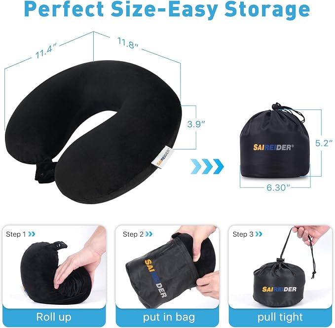 SAIREIDER Neck Pillows for Travel 100% Memory Foam Adjustable Travel Pillows with Storage Bag, Sleep Mask and Earplugs-Prevent The Heads from Falling Forward (Black) - Image 6