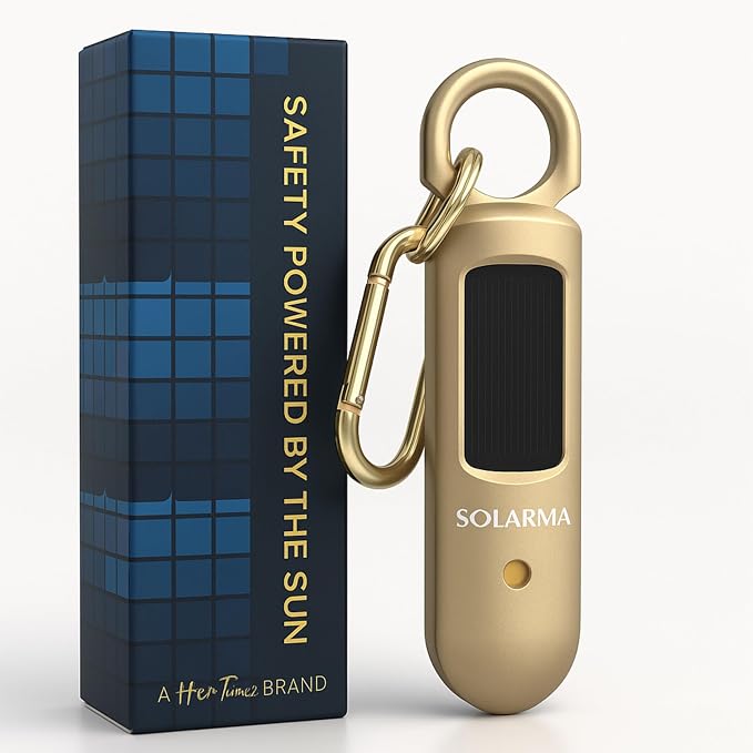 Personal Safety Alarm for Women - Loud Self Defense Siren, Waterproof Keychain with Strobe Light - Solar Rechargeable, Gold by HerTime2