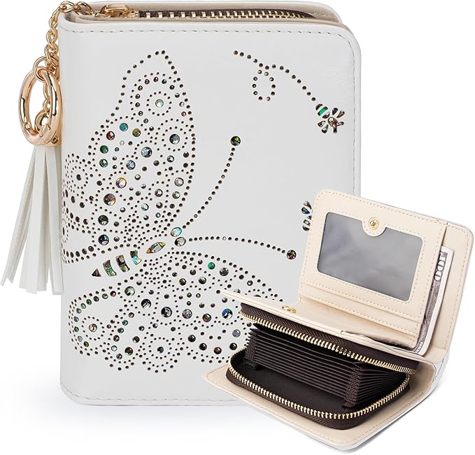 KITEVIUN Women RFID Blocking Small Bifold Wallet, Compact Cash Clutch with Zipper Coin Pocket, Glittery Butterfly Design, Credit Card Holder, Travel Purse with Tassel WHITE by KITEVIUN