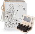 KITEVIUN Women RFID Blocking Small Bifold Wallet, Compact Cash Clutch with Zipper Coin Pocket, Glittery Butterfly Design, Credit Card Holder, Travel Purse with Tassel WHITE by KITEVIUN