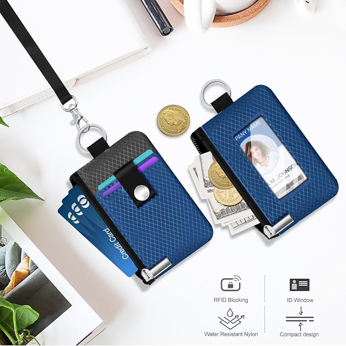 Minimalist RFID Blocking Small Wallet with ID Window,WaterResistant Zip Id Case Wallet with Lanyard Keychain for Cards,Cash,Travel,Women,Men (Electric Blue/DarkGrey) - Image 8