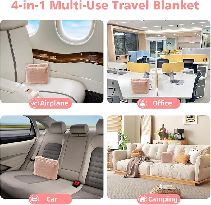 Packable Travel Throw Blanket, Blush Pink | Soft lightweight wearable travel accessory with carry pouch, airplane blanket, road trips, office naps,outdoor camping - Image 7