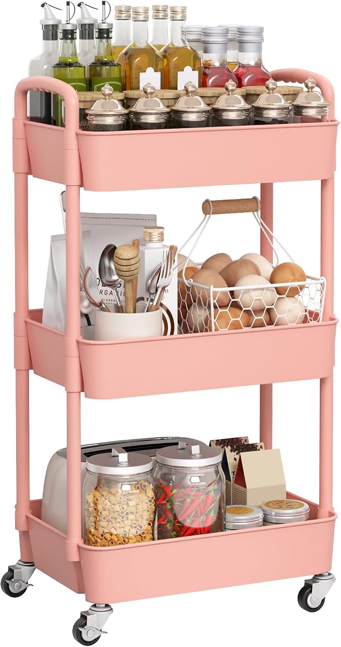 Sywhitta 3-Tier Plastic Rolling Utility Cart with Wheels for Storage, Pink | Multi-Functional Storage Trolley, for Office, Living Room, Kitchen, Bathroom,Movable Organizer,Space-Saving,Easy to assemble - Image 7