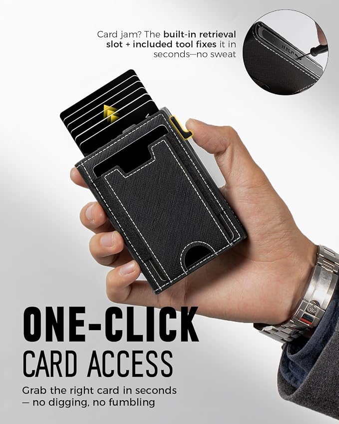 iwantit Slim Wallet for Men Card Holder: Minimalist RFID Blocking Wallet for 8-10 Cards - Smart Pop Up Card Case with Detachable Money Clip - Premium Leather Cardholder, Gift Boxed (CrossGrain Black) - Image 3