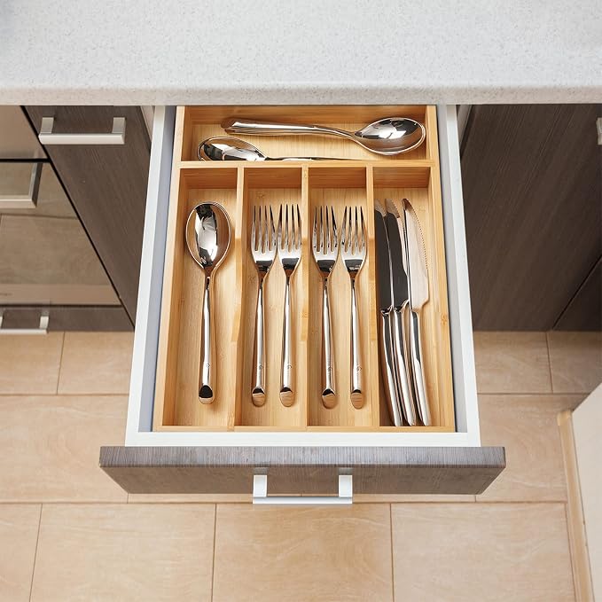 Kitchen Drawer Organizer, 10 Inch Silverware Utensil Tray Holder, Extra Deep, with Non-Slip Feet & Grooved Drawer Divider, 5 Slots Total Bamboo Wood Caddy for Flatware Cutlery Knives - Image 6