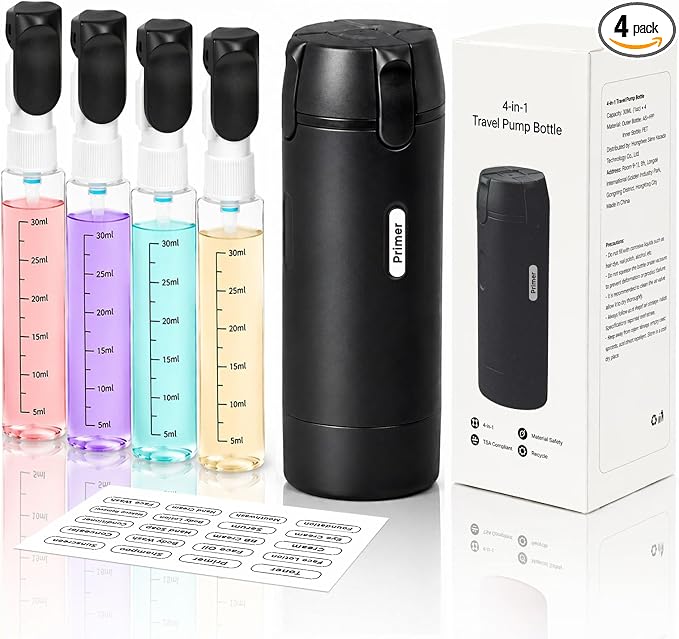 4-in-1 Travel Dispenser Bottle,4 Pack 30ML Travel Bottles for Toiletries, Leak Proof Travel Size Containers (Black) by EASYFORALL