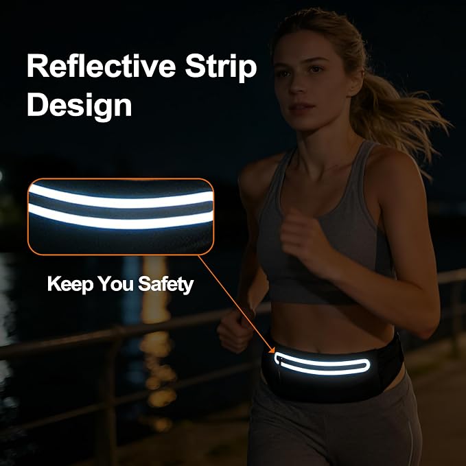 Slim Running Belt for Women Men,Phone Holder Waist Pack,Runners Fanny Pack | No-Bounce,Sweat-Proof Pocket,Travel Money Pouch for Gym/Hiking/Cycling,Three pocket,Two Highly Reflective Strips - Image 6