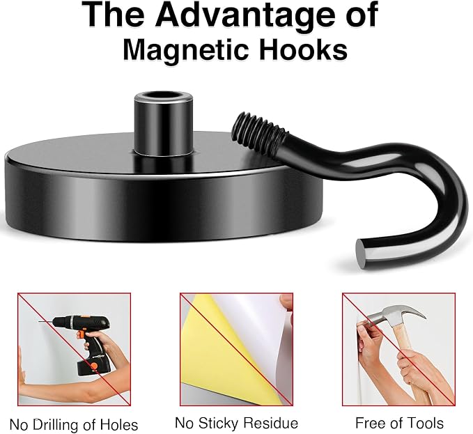 Magnetic Hooks Heavy Duty 170LB+ Strong Black Magnets Hook | Rare Earth Neodymium Hooks with Epoxy Coating Cruise Magnets with Hook for Hanging Refrigerator Garage 6 Pack - Image 6