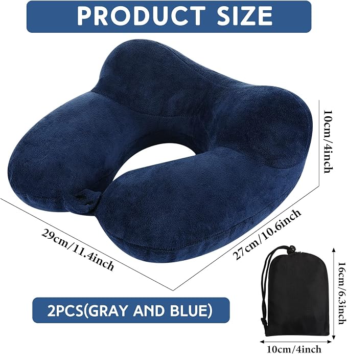 Sintuff 2 Pack Inflatable Travel Pillow for Airplanes Inflatable Neck Flight Pillows with Compact Bag and Blindfold for Traveling, Airplane, Train, Car, Office (Light Gray and Dark Blue) - Image 2