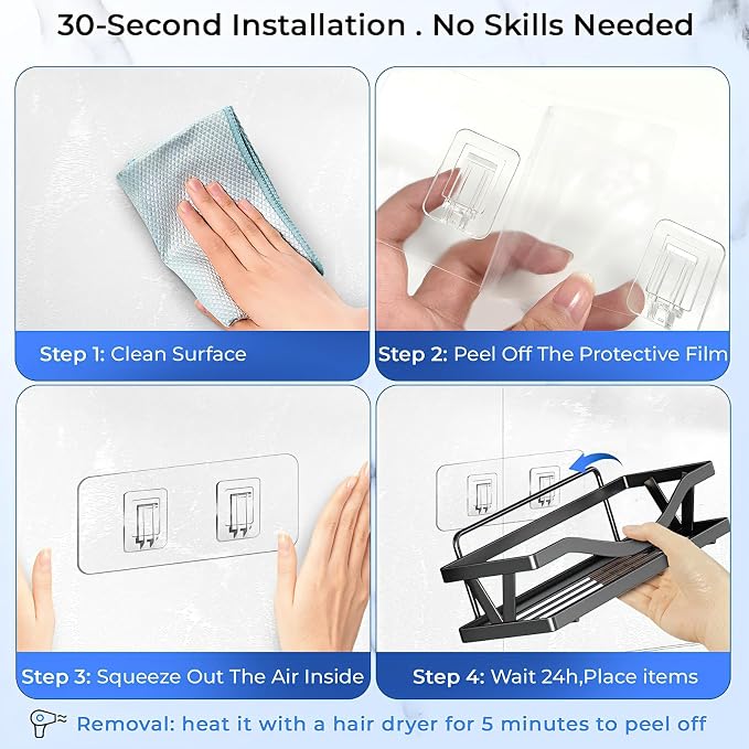 Shower Caddy Adhesive Replacement Hooks, Heavy Duty Waterproof Strips, No Drilling for Bathroom Shelves, Kitchen Racks, and Soap Holders (Transparent-8Pack 2Hook) - Image 7