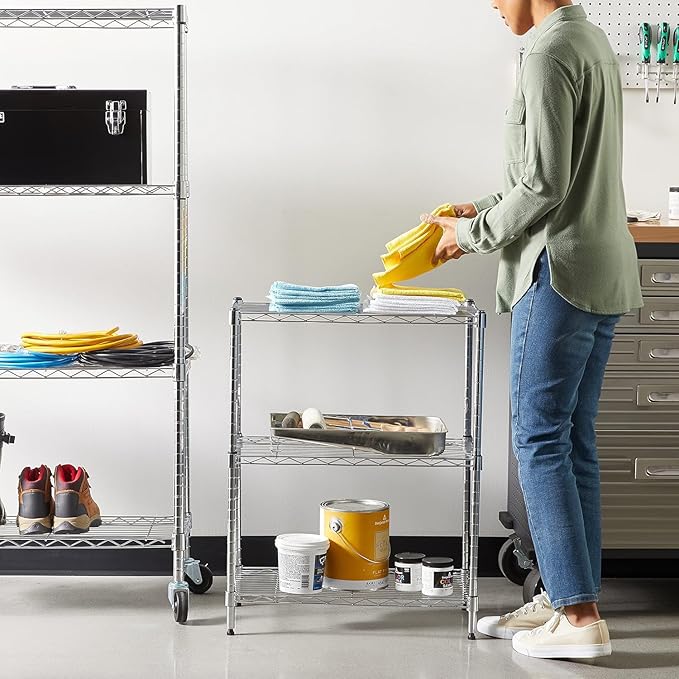 Amazon Basics 3-Shelf Adjustable Heavy Duty Steel Wire Shelving Rack with Chrome Finish, No-Tool Assembly, 250 lbs per Shelf, 23.2" L x 13.4" W x 30" H - Image 2