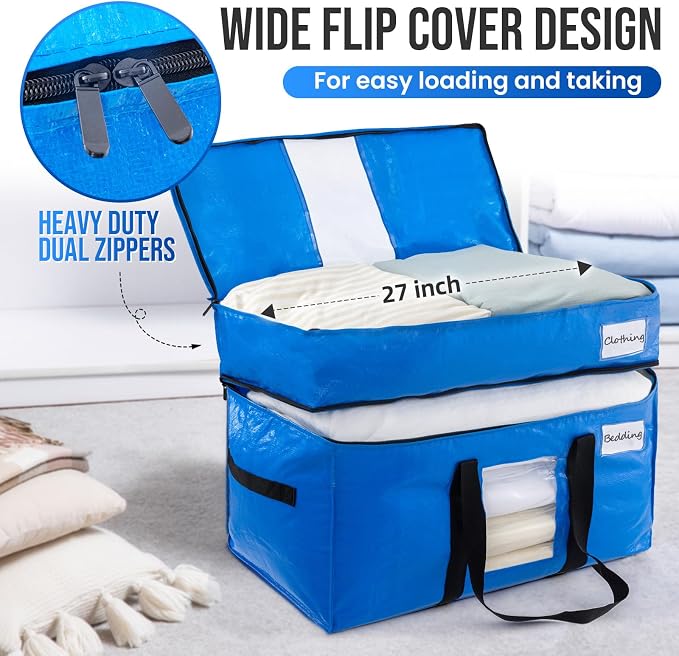 TAILI 2 Tier Moving Bags,4 Blue Silver Storage Bags with Visible Window | XXL Heavy Duty Totes For Home Storage,Wrap Around Handles,Storage Bags for College Dorm, Alternative to Moving Boxes - Image 2