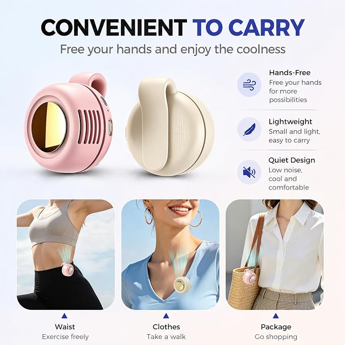 Portable Clip-on Fan Silent Bladeless Mini Fan | 360°Rotation 3-speed Modes Whirlwind Waist Clips Fans Hands-Free Cooling Fan Outdoor Trip Work Travel White-Pink 2 Pack - Image 5