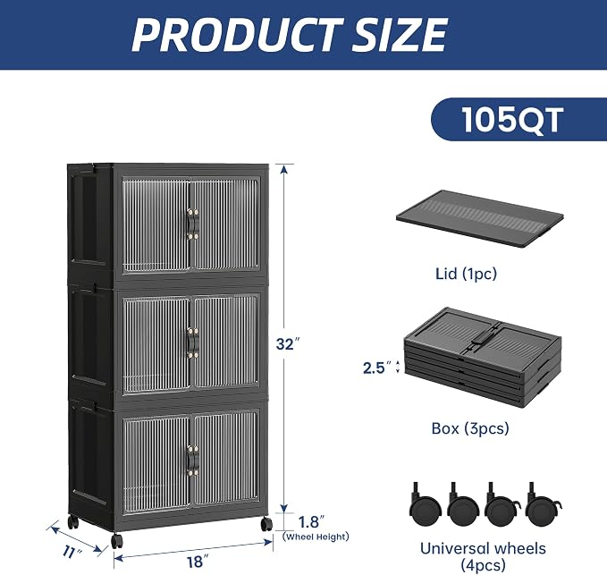 SAILUN 105Qt Stackable Storage Bins,Storage Cabinet with a Lid,3 Pack Black | Stackable Storage Drawers with Lids,18" W x 11" D x 32" H,Featuring open-front Access for and Closet Storage - Image 4