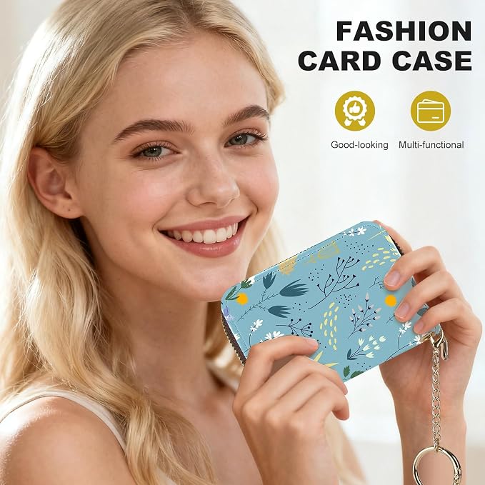 Credit Card Holder for Women,Small Rfid Wallet with Keychain Zipper,Cute PU Leather Card Case Wallet，Accordion Credit Card Wallets Gift,Blue Grass White Flowers - Image 6