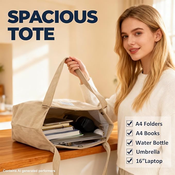 UERRUAM Corduroy Tote Bag for Women with Inner Pockets, Cute Go-to Bag | Slouchy Shoulder Bag for Everyday, Work, Books, Beach & Grocery Shopping, Lightweight Washable Foldable, Cloth Purse - Image 7