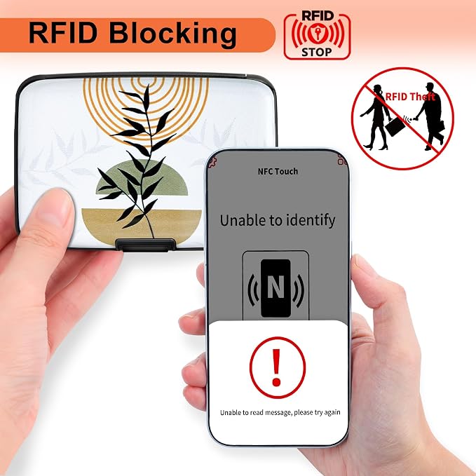 Mayski Credit Card Holder for Women RFID Blocking Wallet, Boho Leaves | Card Wallets for Women Small Mini Business Metal Accordion Aluminum Alloy Hard Case for Men - Image 2