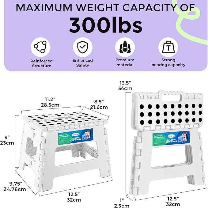 Dyforce Kids Step Stool 9 Inch, 300lbs Folding Step Stool for Toddler | Step stool White,Anti-slip Heavy Duty with Handle, Lightweight Foldable Foot Stool for Bathroom Kitchen Bedroom Outdoor - Image 2