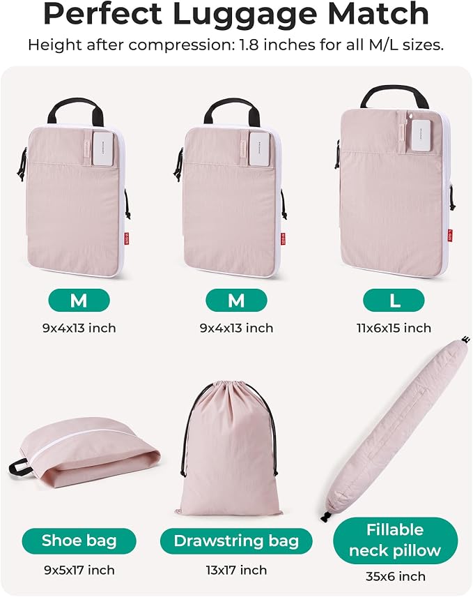 BAGSMART Compression Packing Cubes with Fillable Neck Pillow for Clothes | 1 Wearable Neck Pillow & 5 Travel Bags to Avoid Baggage Fees, Durable, Tear Resistant Washable Taslan Fabric with Card Slots - Image 7