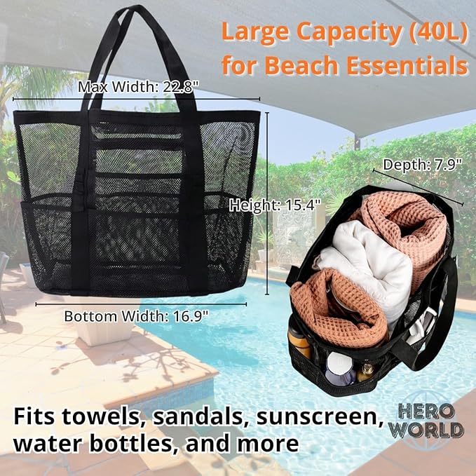 Mesh Beach Tote Bag Large Capacity Pool Gym Laundry Tote Foldable with Pockets Lightweight Travel Bag - Image 5