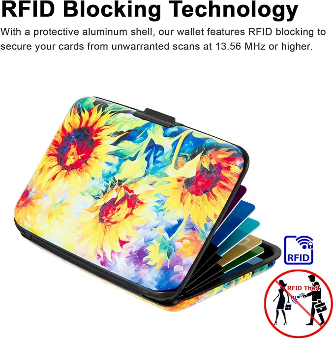 Credit Card Holder for Women Men RFID Blocking Wallet Small Business Metal Slim Mini Aluminum Hard Case (Yellow SunFlowers Painting) - Image 3